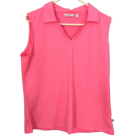Lilly Pulitzer Tops - Lady Hagen Essentials Polo Shirt Womens Large Pink Sleeveless Golf V Neck Dotted